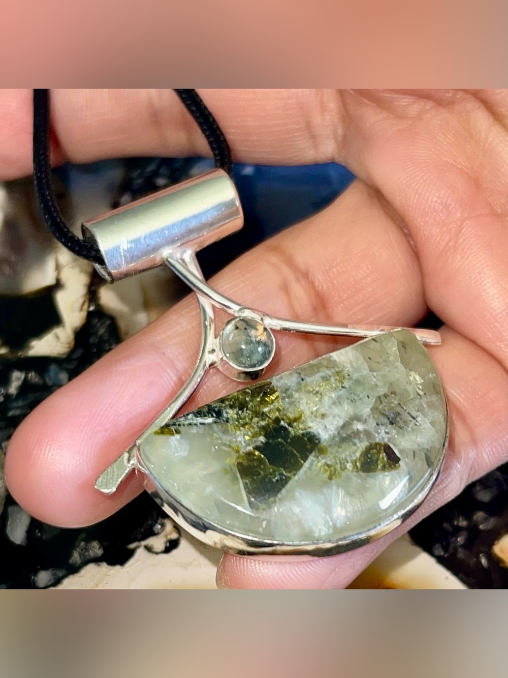 Lightweight “Stone of Dreams” Prehnite Crystal Pendant 2 1/4”